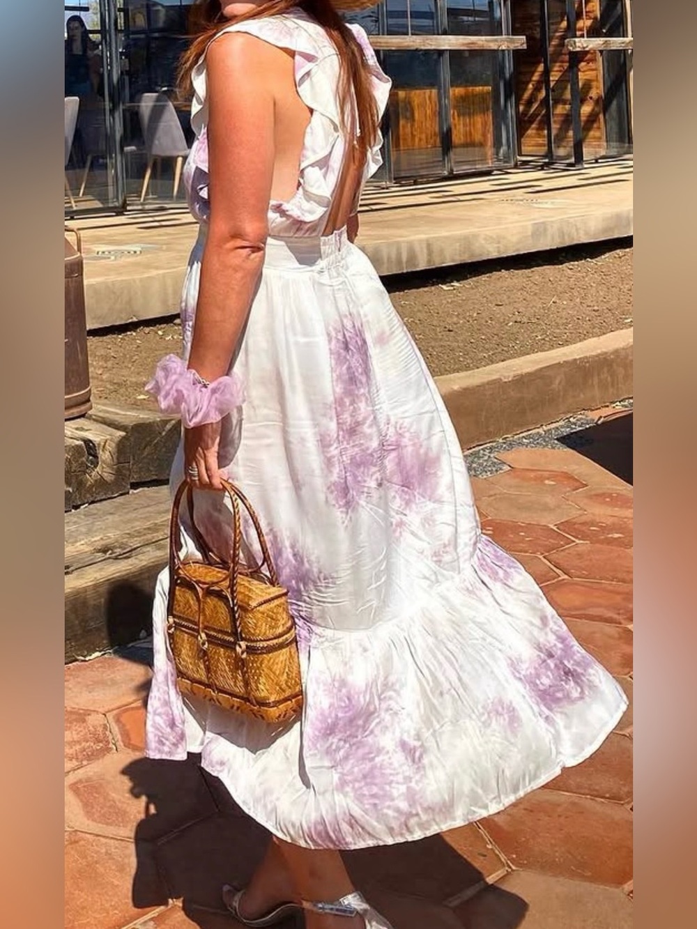 Tie-Dye Cream and Lavender Midi Dress with Flutter Sleeves